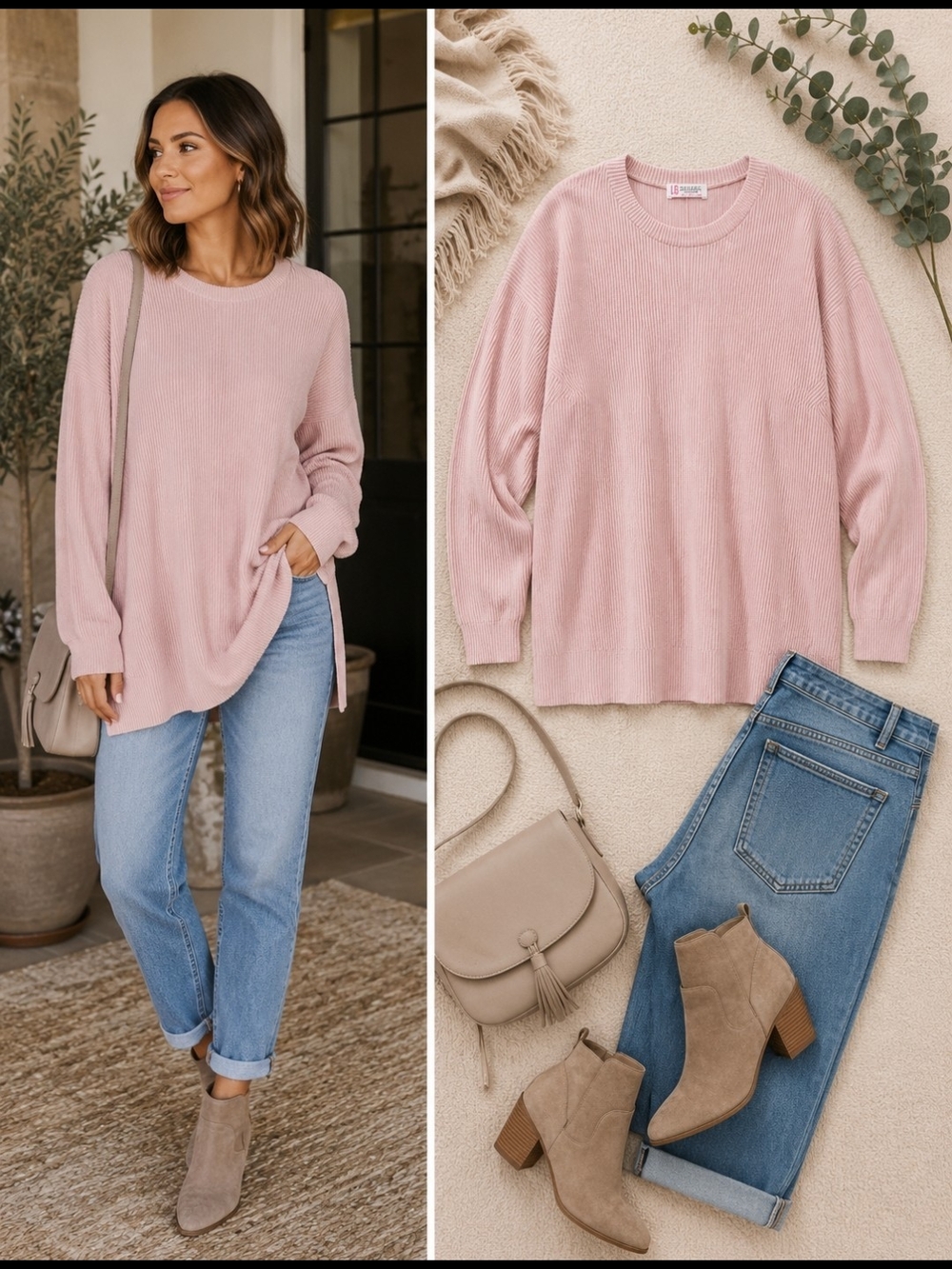 LG Designs Blush Pink Ribbed Tunic Sweater Medium Oversized Cozy Pullover